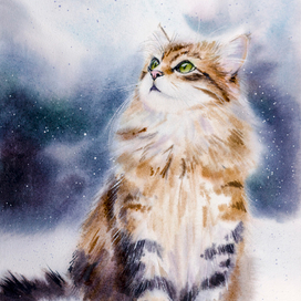 Картина акварелью кот и снежный пейзаж