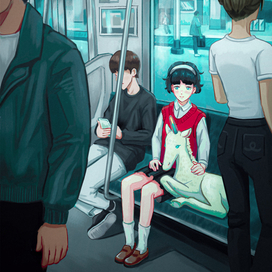 Детская иллюстрация Единорог в метро
