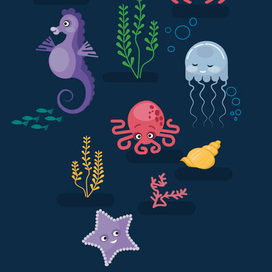 мульт персонажи - морские жители в стиле флет