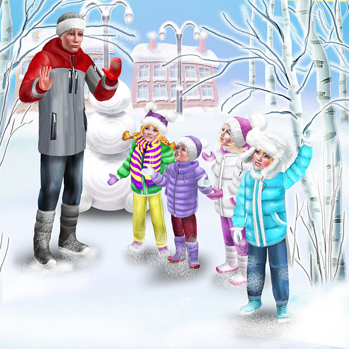 Витя и Оля строят снеговика.