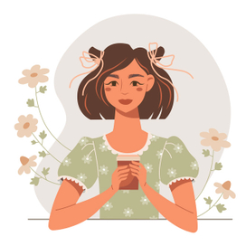 Милая девушка в платье с цветочным орнаментом пьёт кофе.