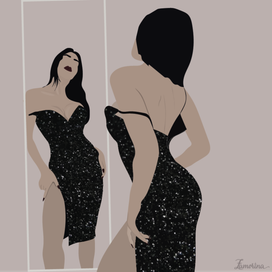 Мода. Девушка в блестящем платье перед зеркалом.