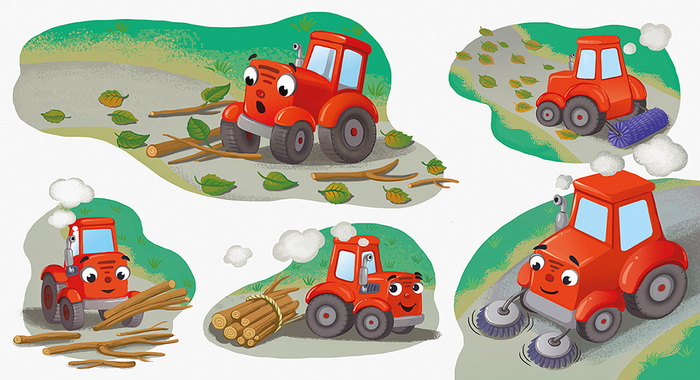 Маленький трактор расчищает дорогу от урагана