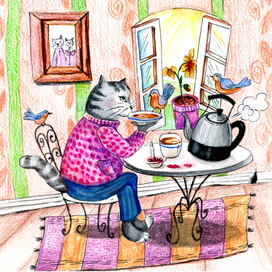 кот и его птички пьют чай