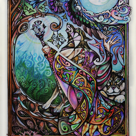 Колдун с  фамильярами в волшебном лесу. Варлок. Волшебник.