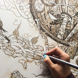 Процесс создания иллюстрации к сказке "Джек и Бобовое дерево" в стиле стимпанк