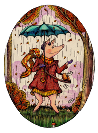 Свинка-почтальон танцует под осенним дождем.