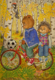 Мишка и Ежик на велосипеде.