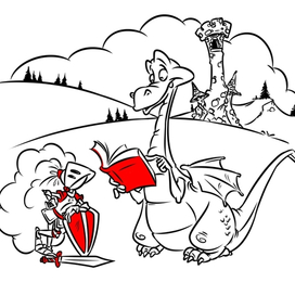 Дракон и рыцарь читают инструкцию подвигов