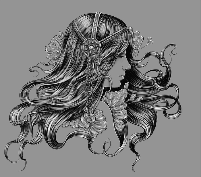 Девушка, странные цветы к себе приложившая.