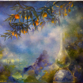 Пейзаж с лампой на подоконнике