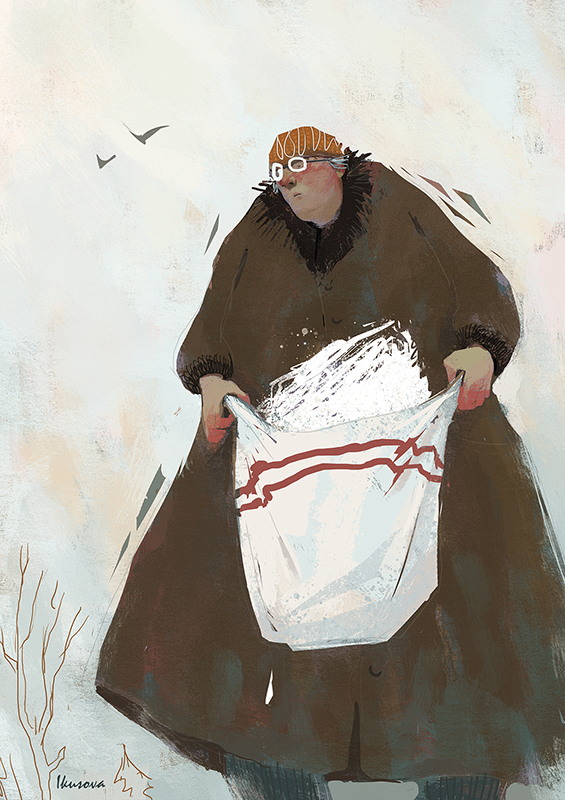 Женщина с пакетом снега