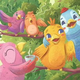 Счастливые попугаи. Детская книга. Детская иллюстрация