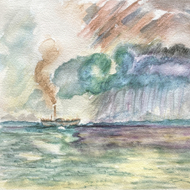 Морской пейзаж акварельными карандашами