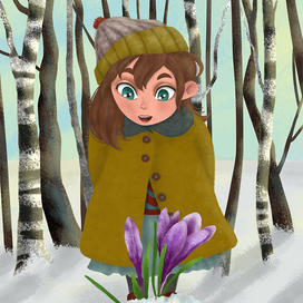 Девочка находит первоцвет в лесу