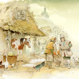    фрагмент иллюстрации к сказке ( решается участь пятнистой лошадки ) 