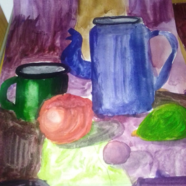 Натюрморт с чайником, кружкой и с ягодами,овощами и фруктами