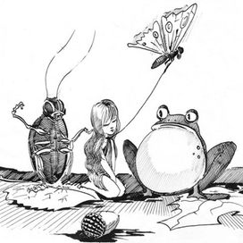 Дюймовочка в обществе жука, бабочки и лягушонка
