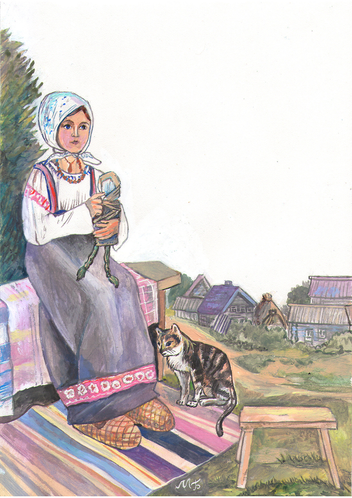 Крестьянская девочка с тряпичной куклой.Иллюстрация для русских сказок.Художник:Марат Брызгалов.