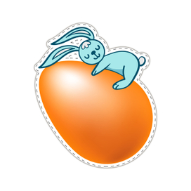 Easter blue bunny with an orange egg on a white background. 