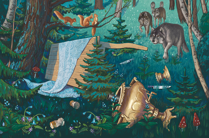 Стол, самовар, ножи, солонка и перечница упали в овраг.