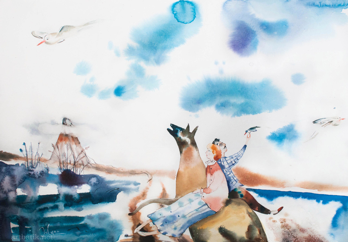 Убежали. Акварель.