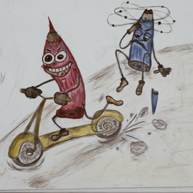 Шаловливый карандашик осваивает езду на самокате :) 