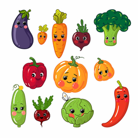 Детская иллюстрация. Векторная графика милые фрукты и овощи.
