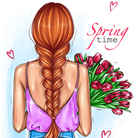 the girl is standing with her back with a bouquet of flowers spring 