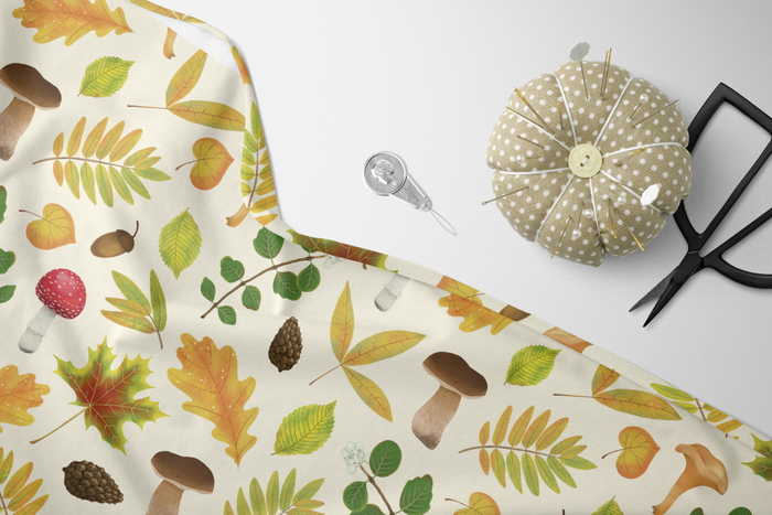 Осенний бесшовный паттерн с листьями и грибами