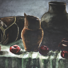 Натюрморт с яблоками, в темных тонах