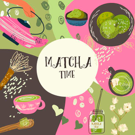 Matcha tea, vector set, teapot, mug, latte, ice cream, background, frame