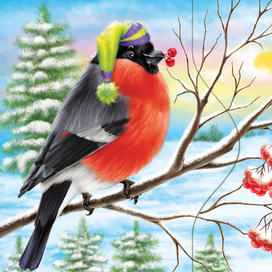 Снегирь, рябина. Карточка для детской игры "Кто что ест"