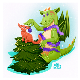 Новогодняя открытка с Драконом и Котом