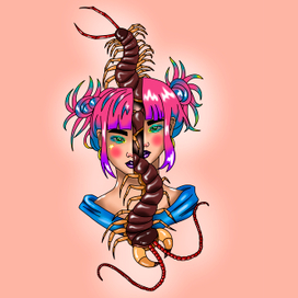 Девушка и милое насекомое с кучей ножек