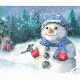 Открытка со снеговиком