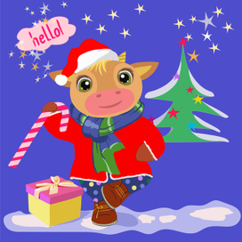 Смешная коровка в костюме Санта Клауса