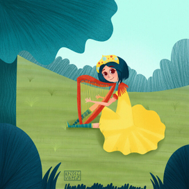 Дева, которая играет на арфе и носит корону из драгоценностей