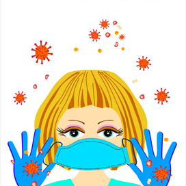 Young beautiful blonde girl puts a mask on her face. Hands in gloves. Actions to prevent the spread of Coronavirus.