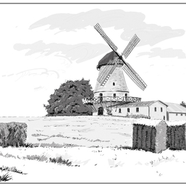 Сельский пейзаж с мельницей