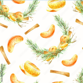 Акварельный новогодний бесшовный паттерн из рождественского века с мандаринами и корицей 