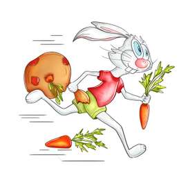Заяц бежит с мешком морковки