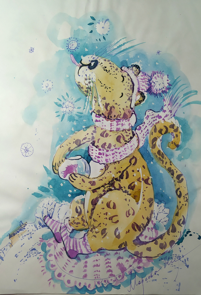 "Леопард"  Работа для зимних открыток. 