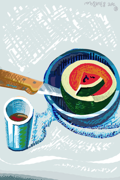 Арбуз в миске и чашка кофе