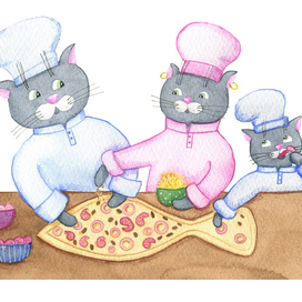 Семья котов, совместно готовящая пиццу