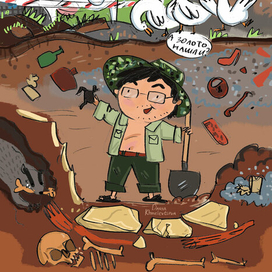 на раскопках кургана в деревне, археолог и гуси