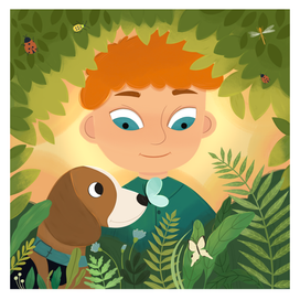 Мальчик и щенок в лесу