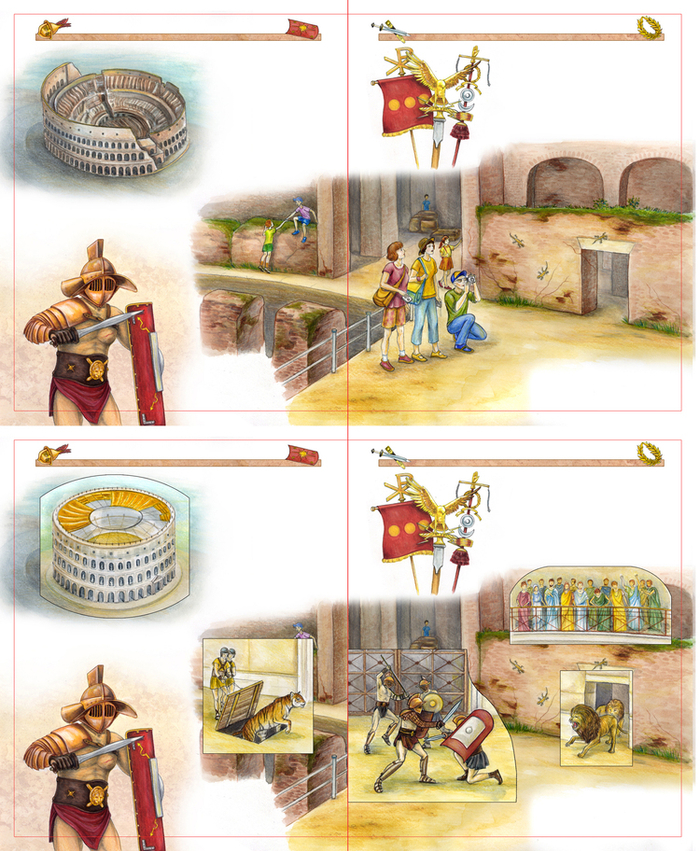 Разворот из книги про Чудеса света. Колизей. Книга с окошками