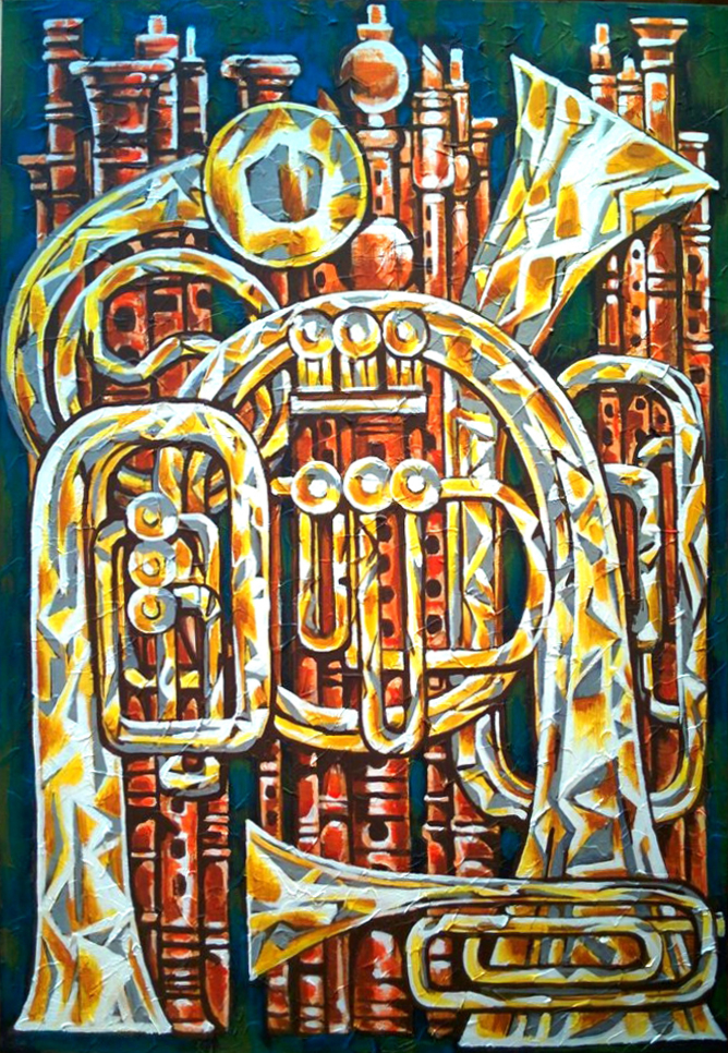 "Духовые инструменты", 100х70 см, холст, акрил. 2016 г. НММИ-Народный Музей Музыкальных Инструментов.