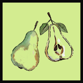 Открытка из груш на салатовоm фоне.